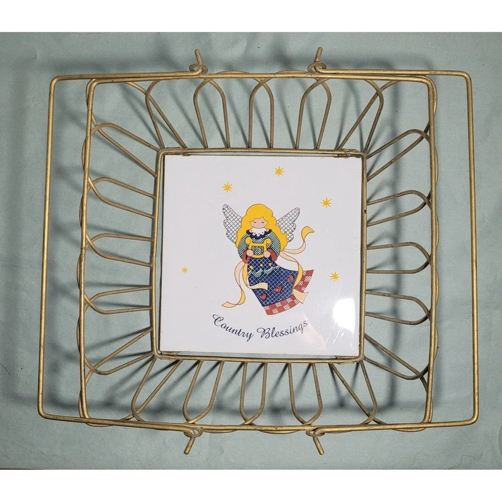Vintage Metal Bread Basket W/ Handles~ Angel Trivet In Bottom~ Country Blessings